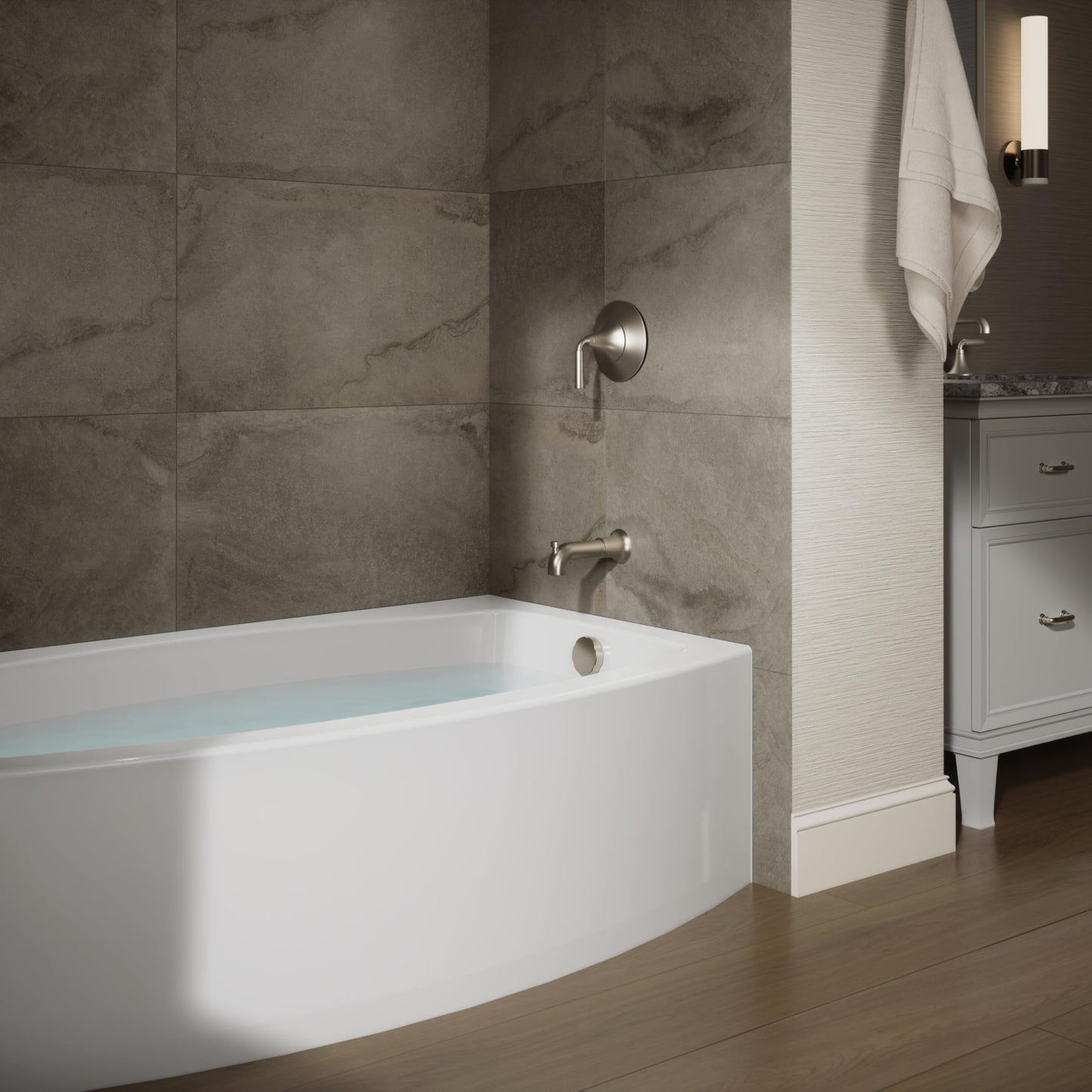 Dark Olive Green KOHLER 1100-RA-0 Expanse 60" x 32" Acrylic Alcove Bathtub with Right-Hand Drain, Compact Design Soaking Tub, White