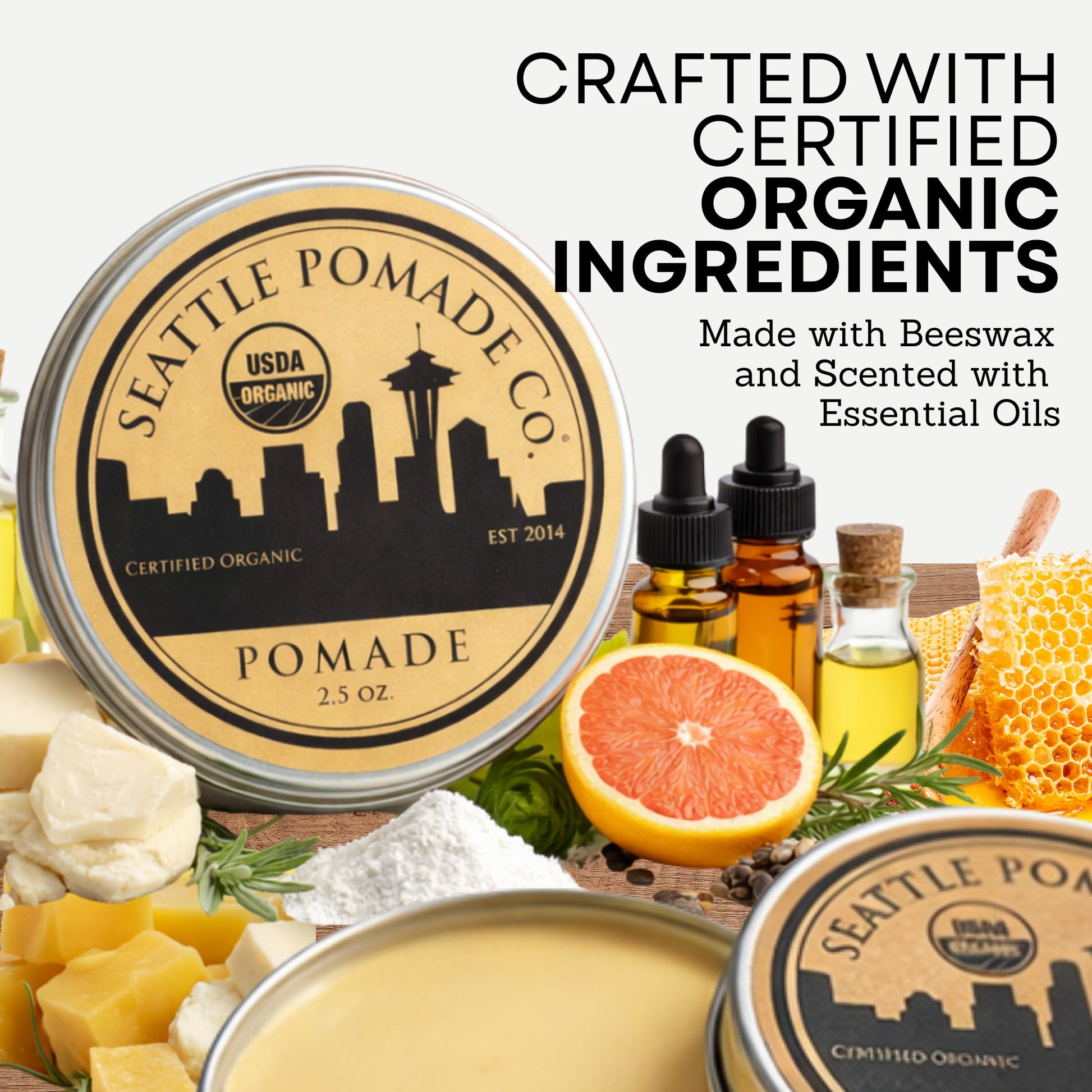 White Smoke Seattle Pomade Co. USDA Certified Organic Pomade. Medium Hold & High Shine, Hair Styling Formula Non GMO, Made with organic materials from around the world.