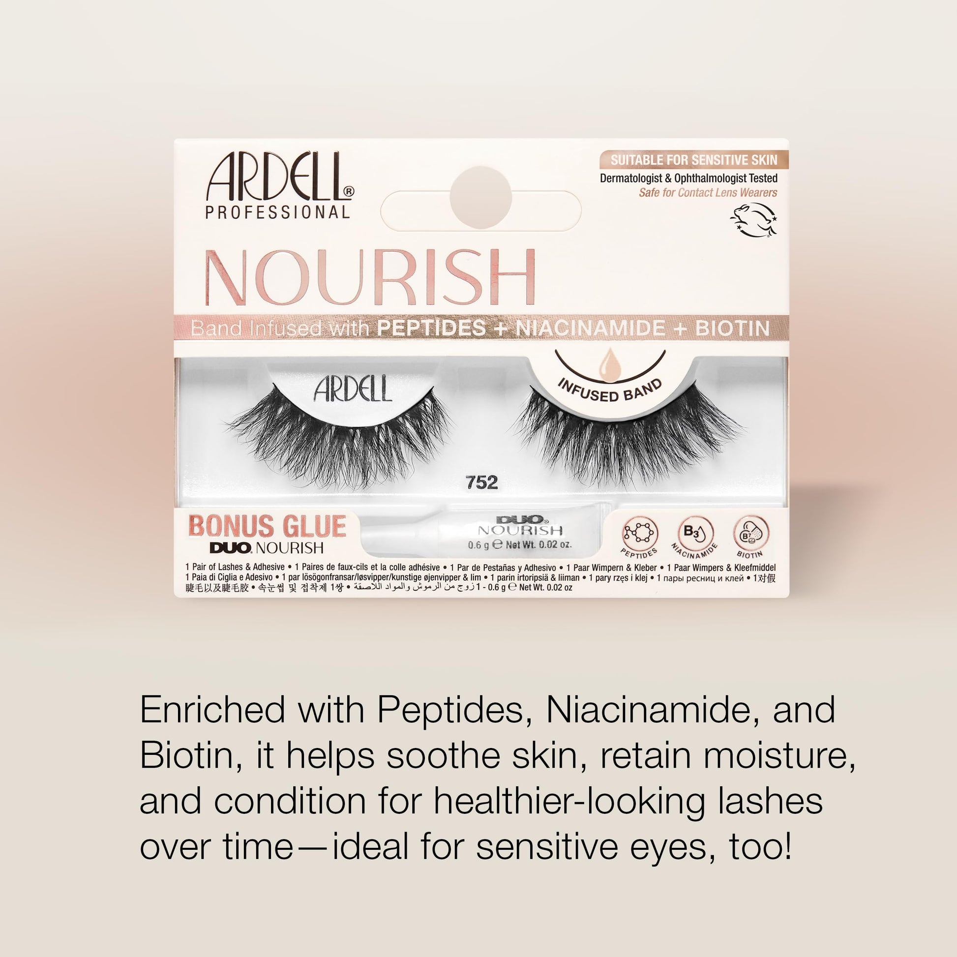 Light Gray Ardell Nourish Lashes 752 – Voluminous False Eyelashes with Peptides & Biotin Infused Band, Lash Glue Included, Fluffy Wispy Strip Lashes for Sensitive Eyes