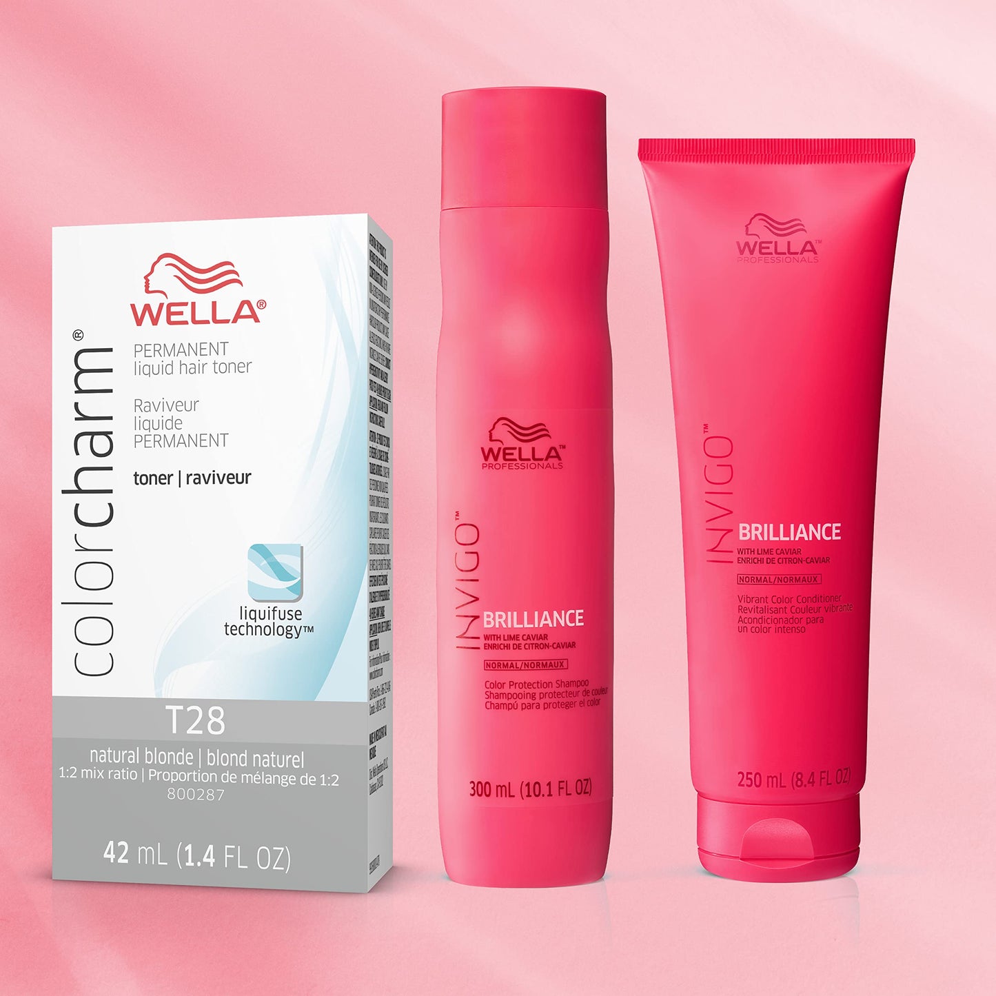 Light Pink WELLA Color Charm Invigo Brilliance Color Protection Shampoo & Conditioner, For Fine Hair + Hair Toner, Neutralize Brass, T28 Natural Blonde