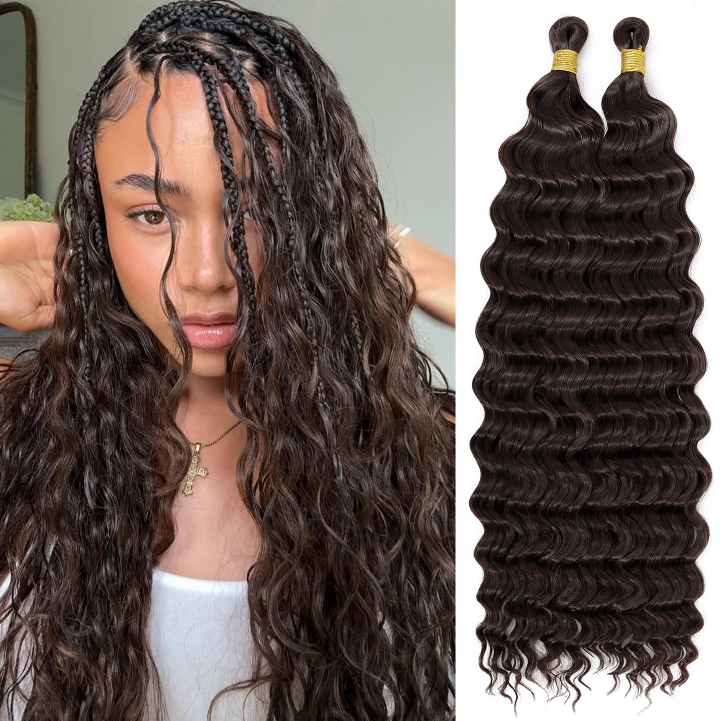 Black Eerya Long Curly Braiding Hair 24 Inch 2 Packs Deep Ocean Wave Crochet Hair for Black Women Deep Wave Braiding Hair for Boho Braids（24 inch, #4）