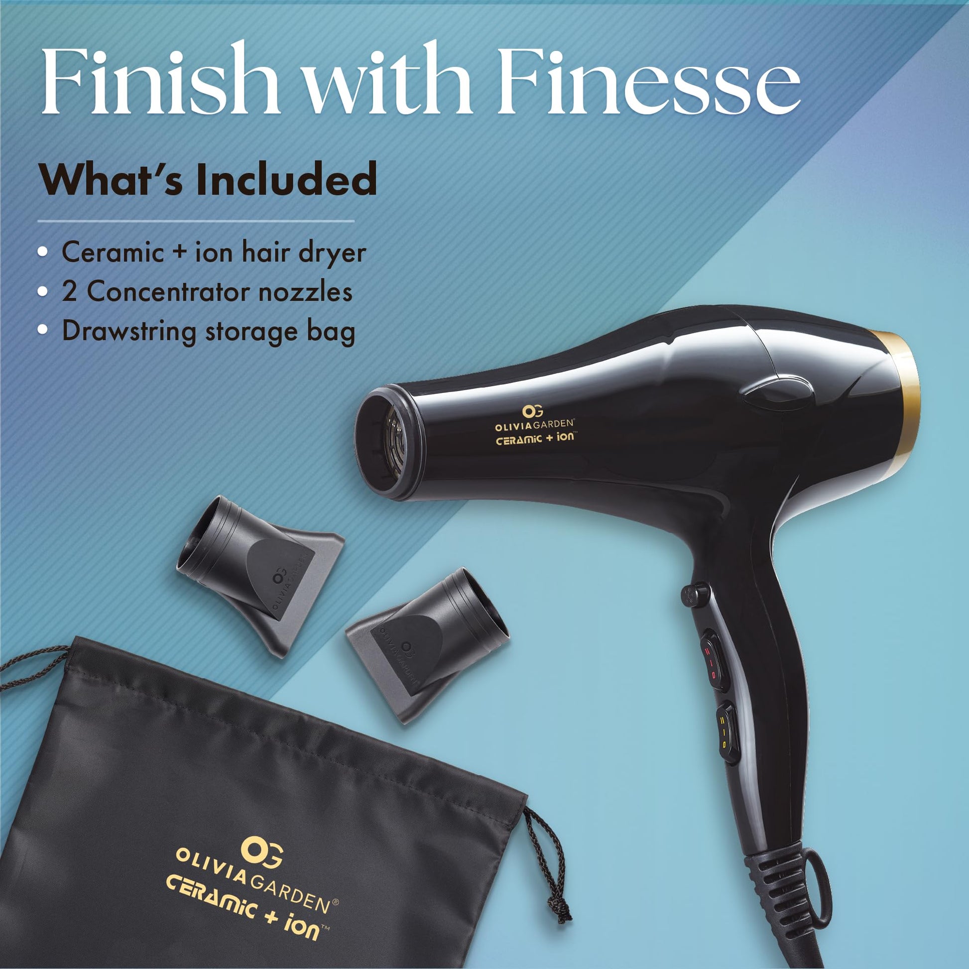 Cadet Blue Olivia Garden 1875W Ceramic + Ion Professional Hair Dryer for Men and Women - Fast Drying Blow Dryer - Powerful Ionic Generator - 3 Heat Settings - with 2 Nozzles and Storage Bag - (Black/Gold)