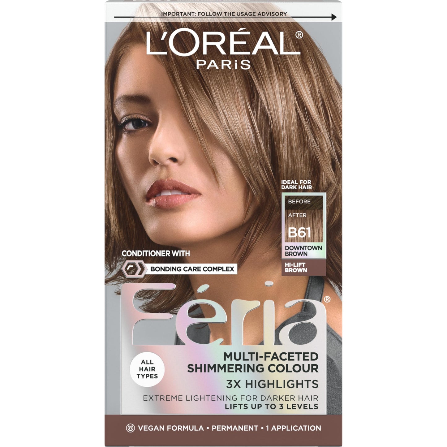 Dim Gray L'Oreal Paris Feria Multi-Faceted Shimmering Permanent Hair Color, B61 Downtown Brown (Hi-Lift Cool Brown), Pack of 1 Hair Dye Kit
