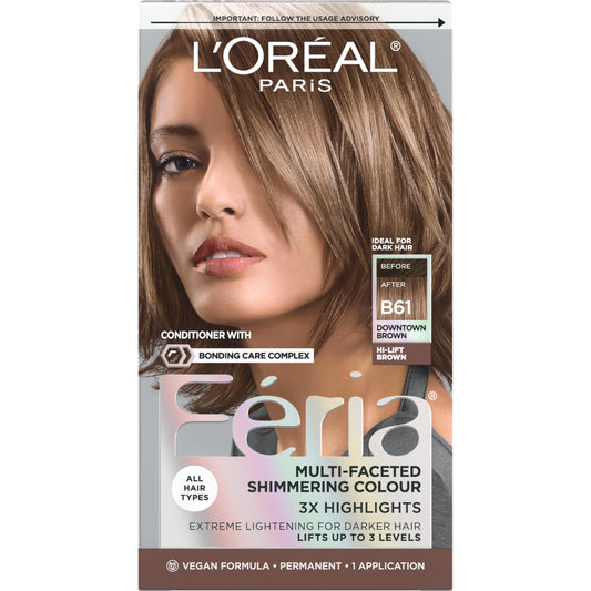 Dim Gray L'Oreal Paris Feria Multi-Faceted Shimmering Permanent Hair Color, B61 Downtown Brown (Hi-Lift Cool Brown), Pack of 1 Hair Dye Kit