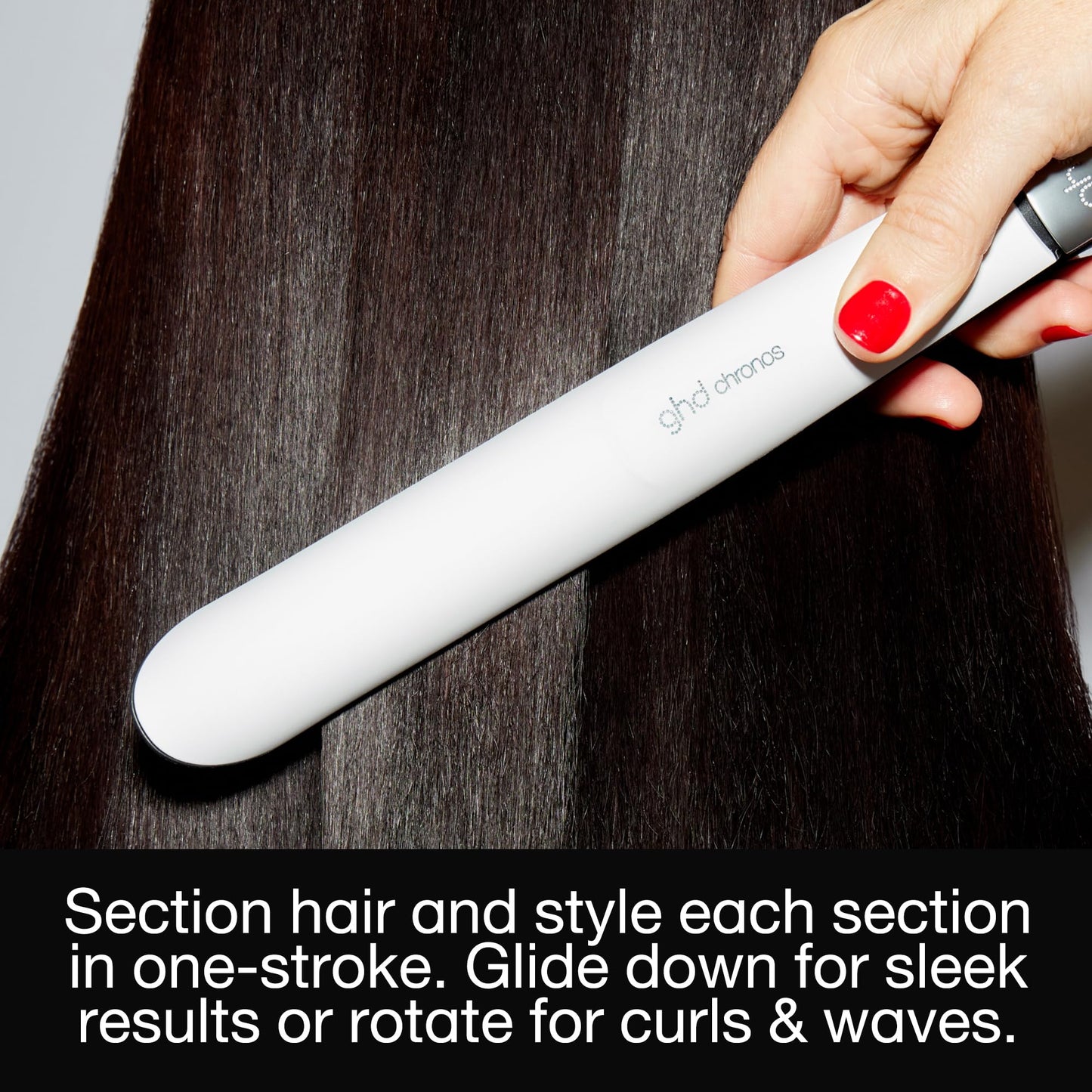 Black ghd Chronos Styler - 1” Smart Flat Iron Hair Straightener with HD Motion-Responsive Technology, Faster Styling, 24-Hour Results, More Shine, Less Frizz, and No Extreme Heat Damage - White