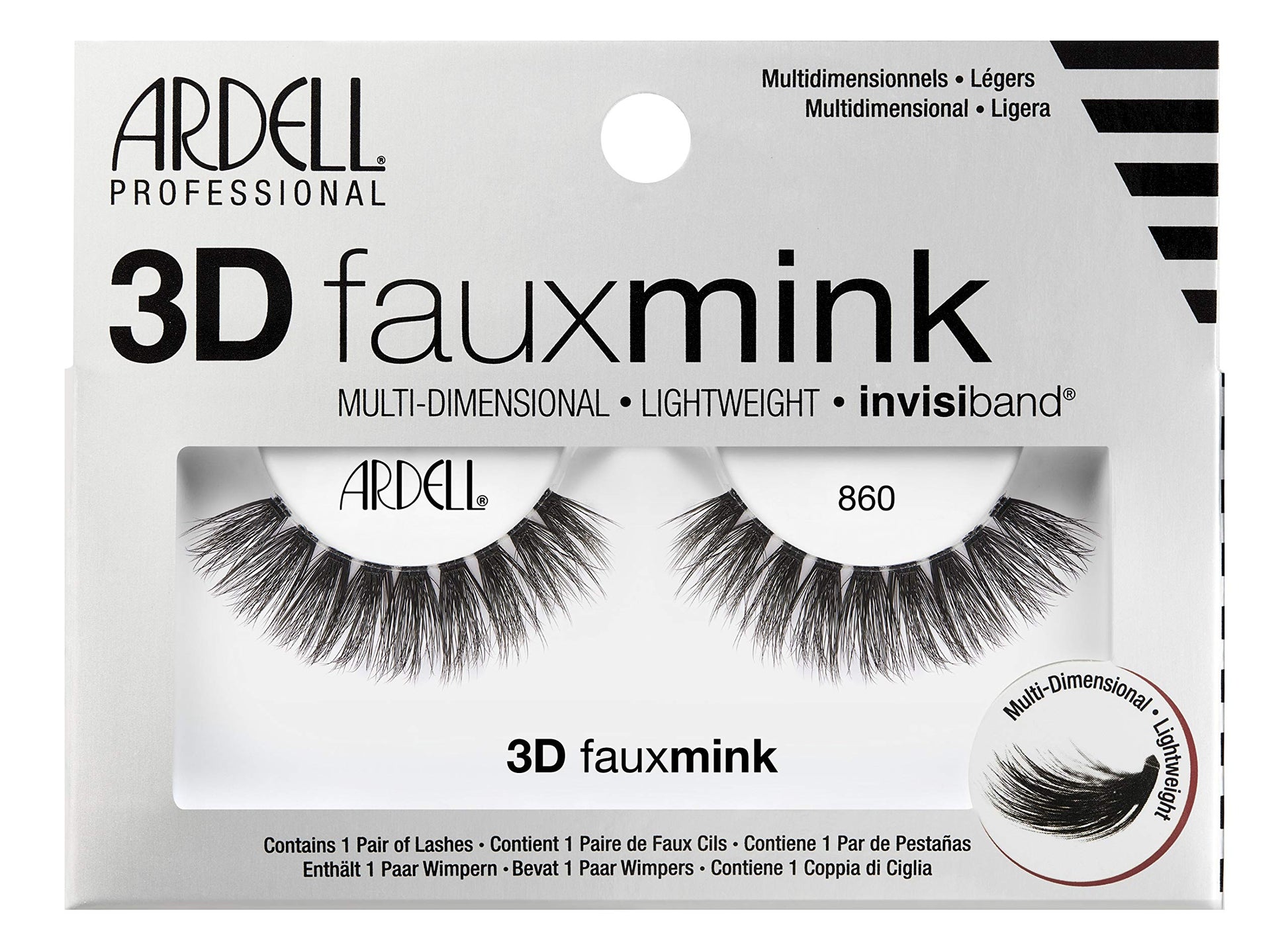 Light Gray Ardell False Eyelashes 3D Faux Mink Lashes, 860 - Lightweight Strip Lashes with Invisiband for a Dramatic Eye Look, 4 Pairs