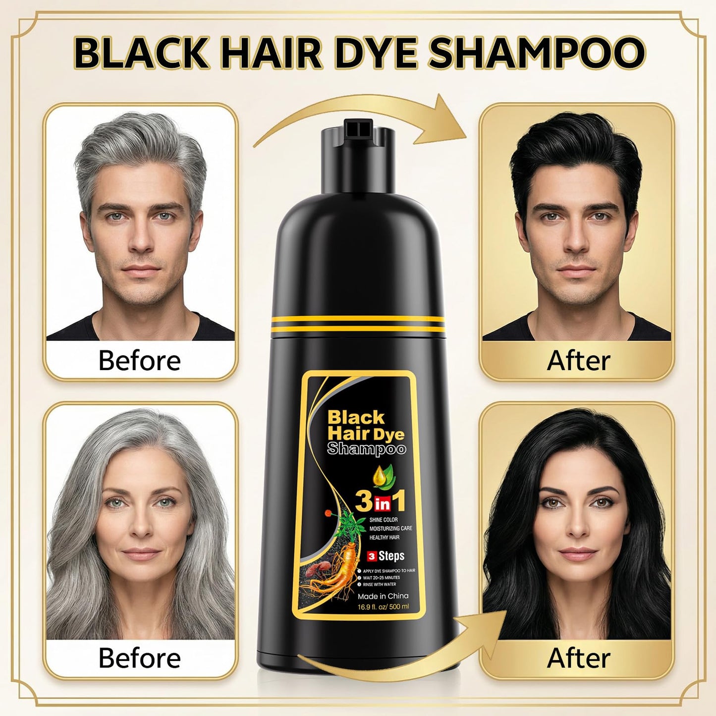 Seashell JUANCHI Black Hair Dye Shampoo 3 in1, Black Shampoo Hair Dye for Gray Coverage, Natural Hair Color for Women Men, Herbal Formula, Ammonia-free