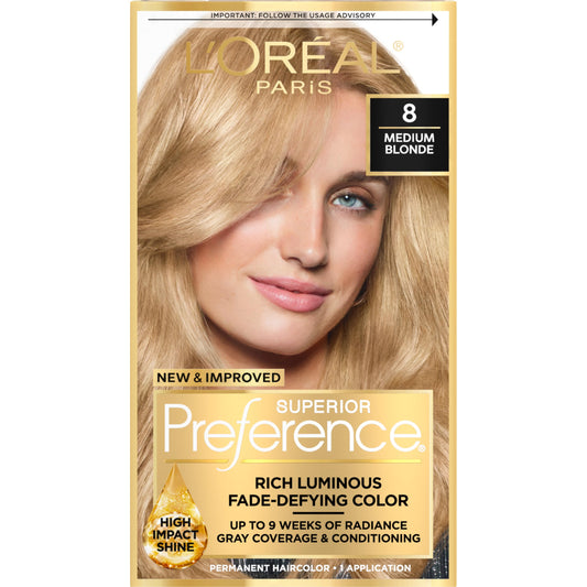 Dark Khaki L'Oreal Paris Superior Preference Fade-Defying + Shine Permanent Hair Color, 8 Medium Blonde, Pack of 1, Hair Dye