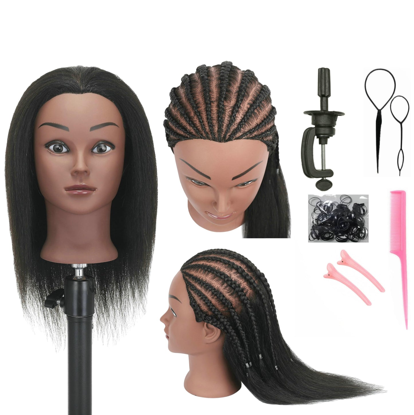 White Smoke YANGANG Real 100% Human Hair Mannequin Head Hairdresser Practice Training Manikin Cosmetology Doll Head with Stand Clamp Holder