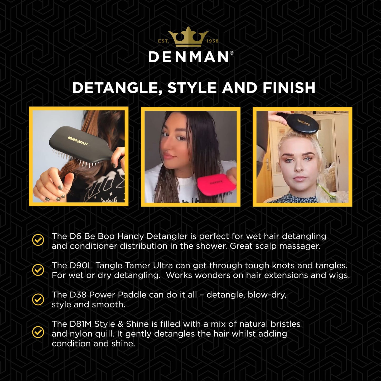 Black Denman Signature Styling Set - the ultimate hair brush gift set for detangling, styling and smoothing hair