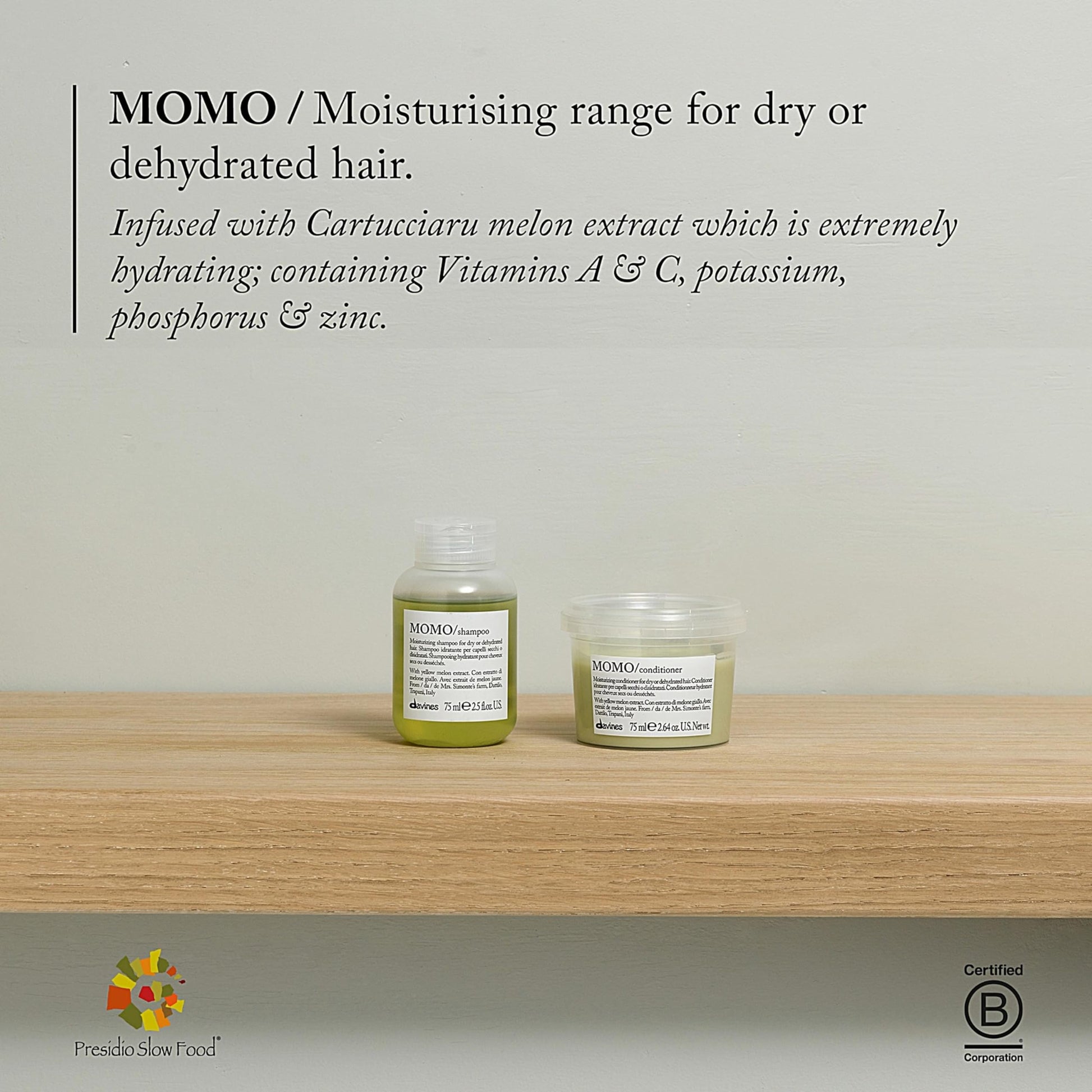 Gray Davines MOMO Conditioner, Moisturizing Untangling Formula for Dry and Dehydrated Hair - Promoting Lasting Hydration, Softness, and Shine with Melon Extract, Travel Size, 2.54 Fl Oz