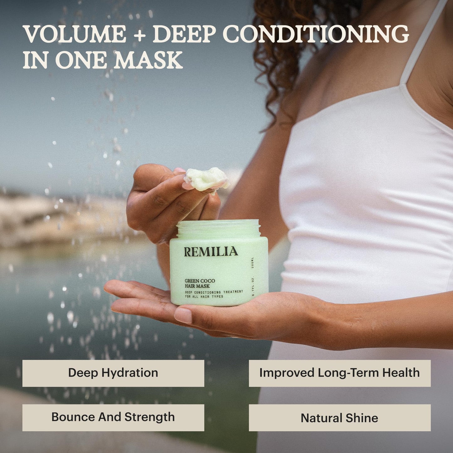 Light Gray Remilia Hair Green Coco Hair Mask with Coconut Oil, Avocado Oil, Castor Oil, Green Tea & Rice Protein, Salon-Inspired Care for Smoothness and Manageability - 200 ml - 6.7 fl oz