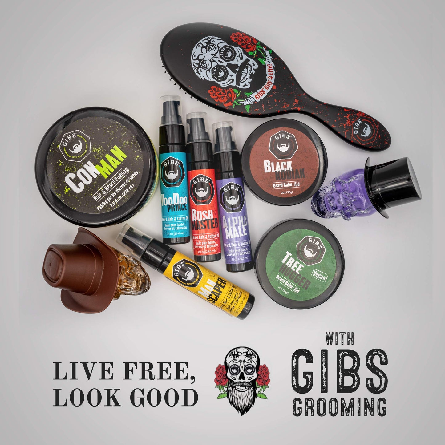 Gray GIBS Grooming - Alpha Male Beard, Hair & Tattoo Oil (1 fl oz) Collectible Glass Skull Bottle - Softens & Strengthens - Skin Moisturizer - Vitamin C - UV Shield - Travel Size - Beard Oil - Made in USA