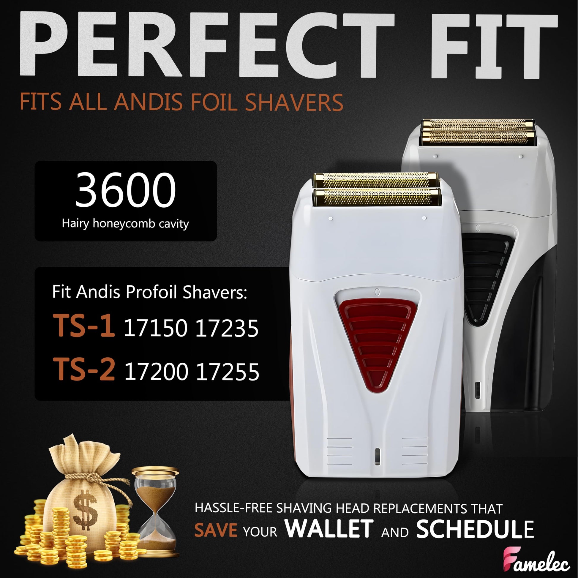 Black FAMELEC Replacement Heads for Andis Shaver Pro-Foil & Lithium - Super Soft Gold Titanium Cutters for Andis Foil Shaver Replacement TS1 17150 17235 17220 TS2 17200, Compatible with Razor Blades