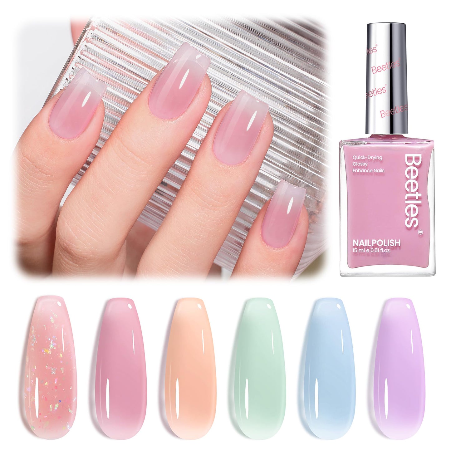 White Smoke Beetles Jelly Nail Polish Set, 6 Colors Clear Pastel Nail Polish Glitter Pink Dusty Rose Orange Green Blue Purple Long Lasting & Quick Dry Nail Strengthener Polish Gift Sets for Women