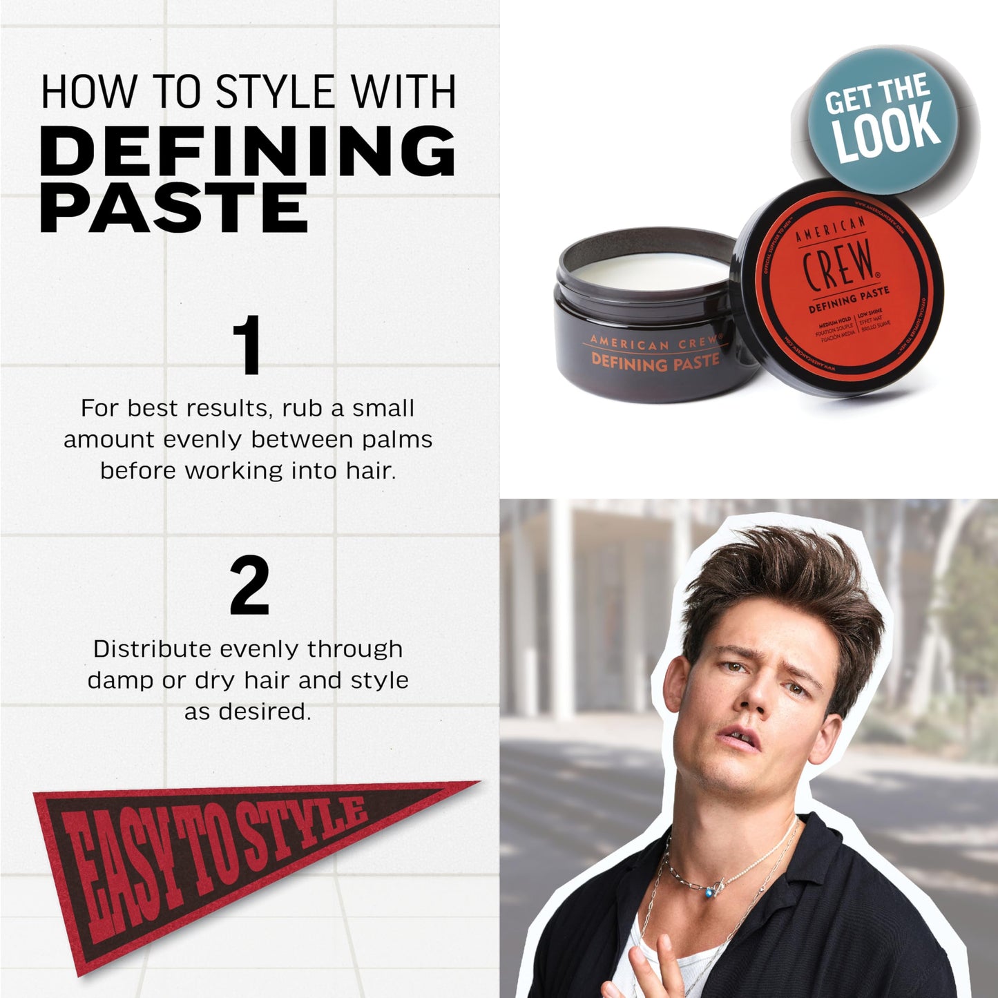 White Smoke American Crew Men's Hair Defining Paste, Like Hair Gel with Medium Hold Hair Gel & Low Shine, 3 oz