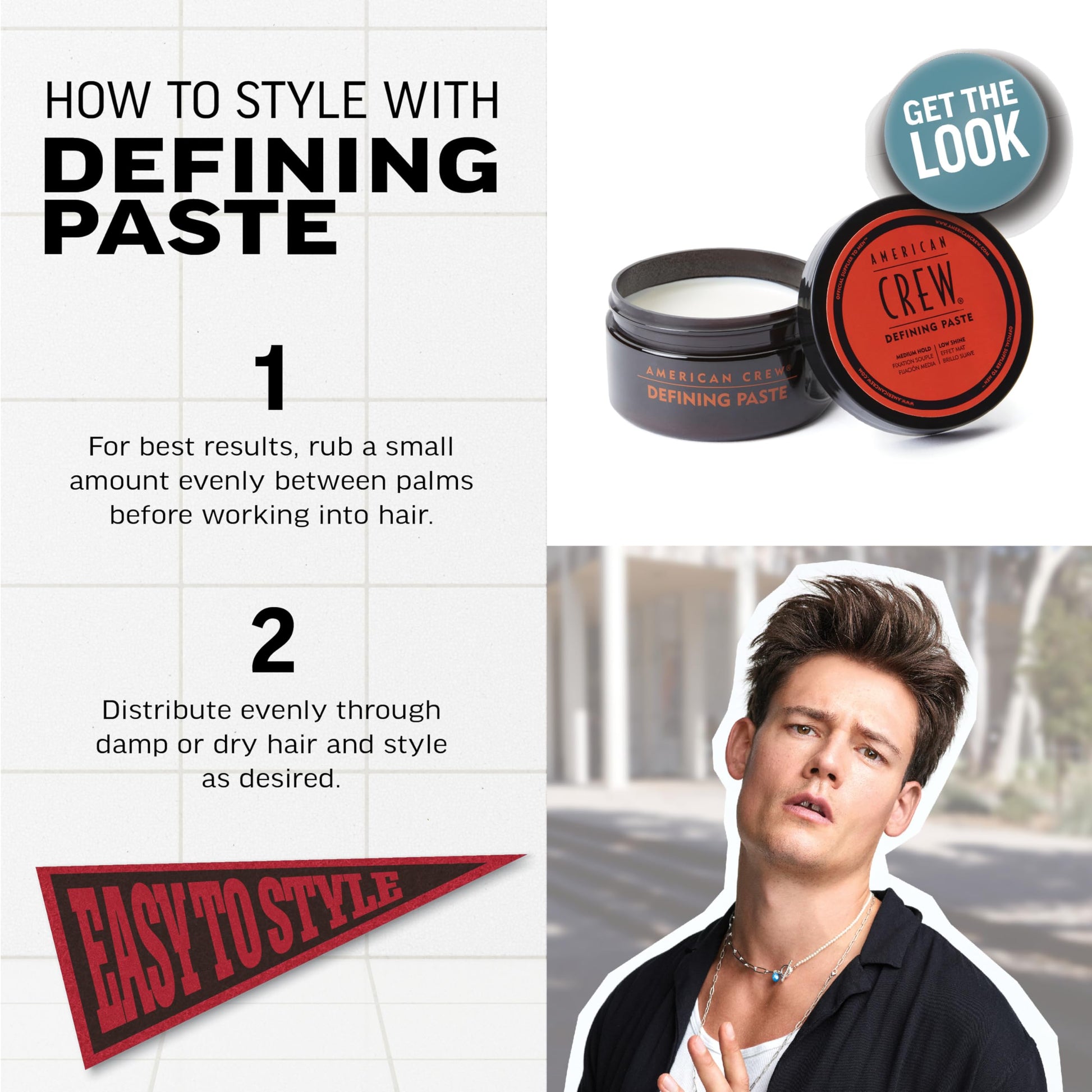 White Smoke American Crew Men's Hair Defining Paste, Like Hair Gel with Medium Hold Hair Gel & Low Shine, 3 oz