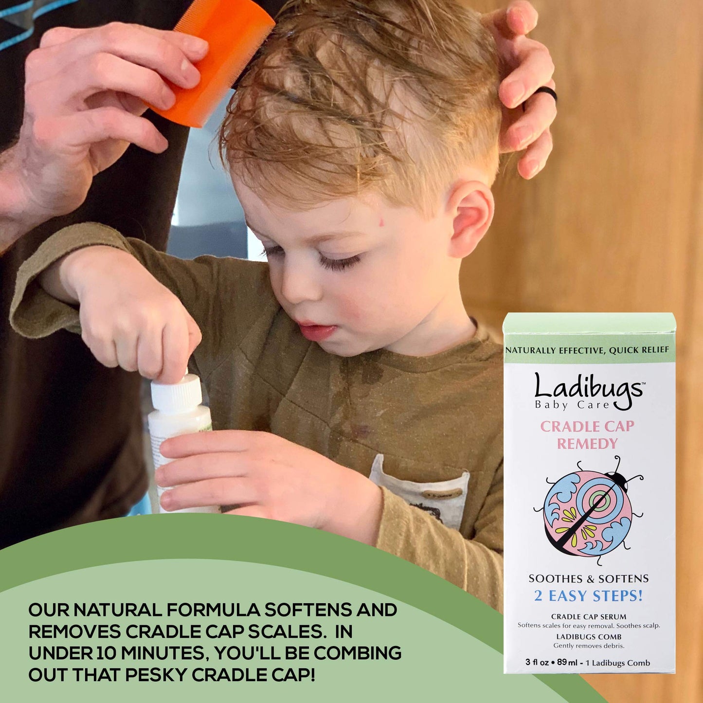 Dark Sea Green Ladibugs Cradle Cap Remedy Kit, 3oz | Includes Cradle Cap Serum & Fine-Toothed Comb | Effectively Removes Scales & Flakes | Soothes & Softens Scalp