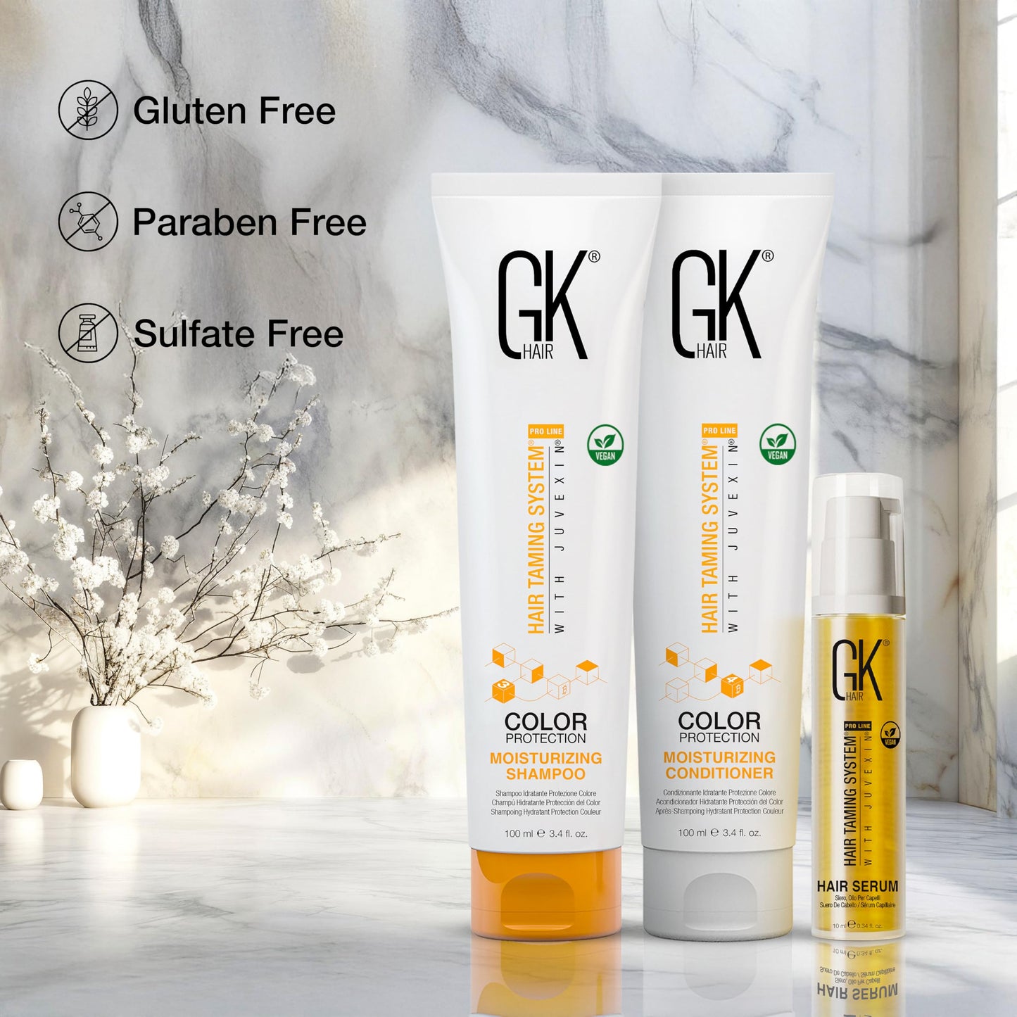 Gray GK HAIR shampoo & Conditioner set Travel size with Hair serum -Color Safe Shampoo & Conditioner Made with Aloe vera, Parki Butter - Free of Parabens & Phthalates Sulfate, (3.74 Fl Oz)