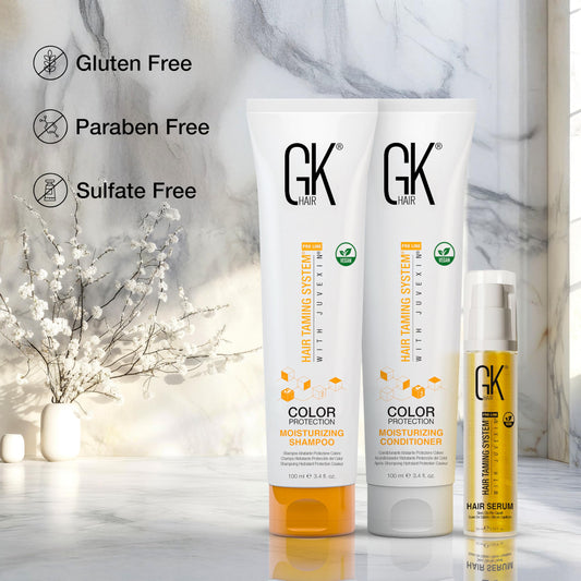 Gray GK HAIR shampoo & Conditioner set Travel size with Hair serum -Color Safe Shampoo & Conditioner Made with Aloe vera, Parki Butter - Free of Parabens & Phthalates Sulfate, (3.74 Fl Oz)