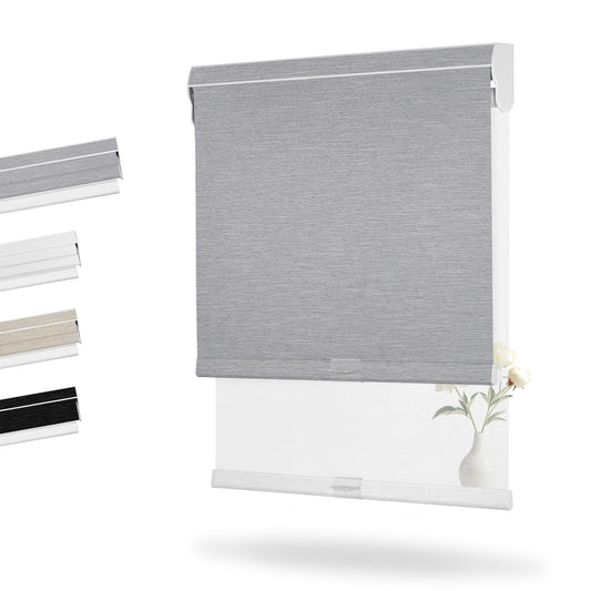 White Smoke Boolegon Dual Roller Shades, Cordless Double Window Shades Blackout and Light Filtering Shades with Valance, Day and Night Roller Blinds for Home Office Door, Jacquard Grey & White, Custom Size
