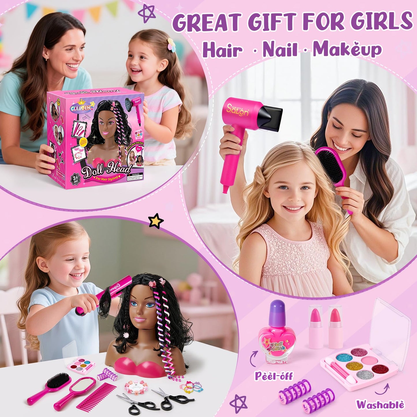 Misty Rose Cleboen Hair Styling Doll Head Makeup Kit for Girls Toys, 35PCS Kids Hair Salon Pretend Playset with Hairdryer Straightener Headwears & Real Makeup Nail Polish, Birthday Gifts for Girls 3 4 5 6 7 8+