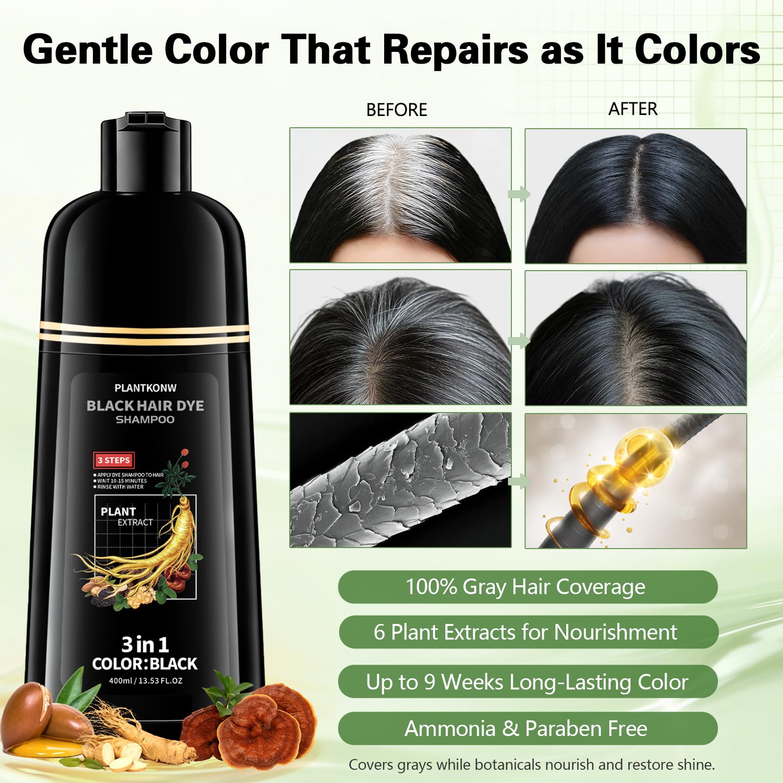 White Smoke Plantkonw Black Hair Dye Shampoo, 3 In 1 Semi Permanent Hair Color Shampoo for Gray Coverage, Natural Hair Dye for Women & Men, Ammonia & Paraben Free
