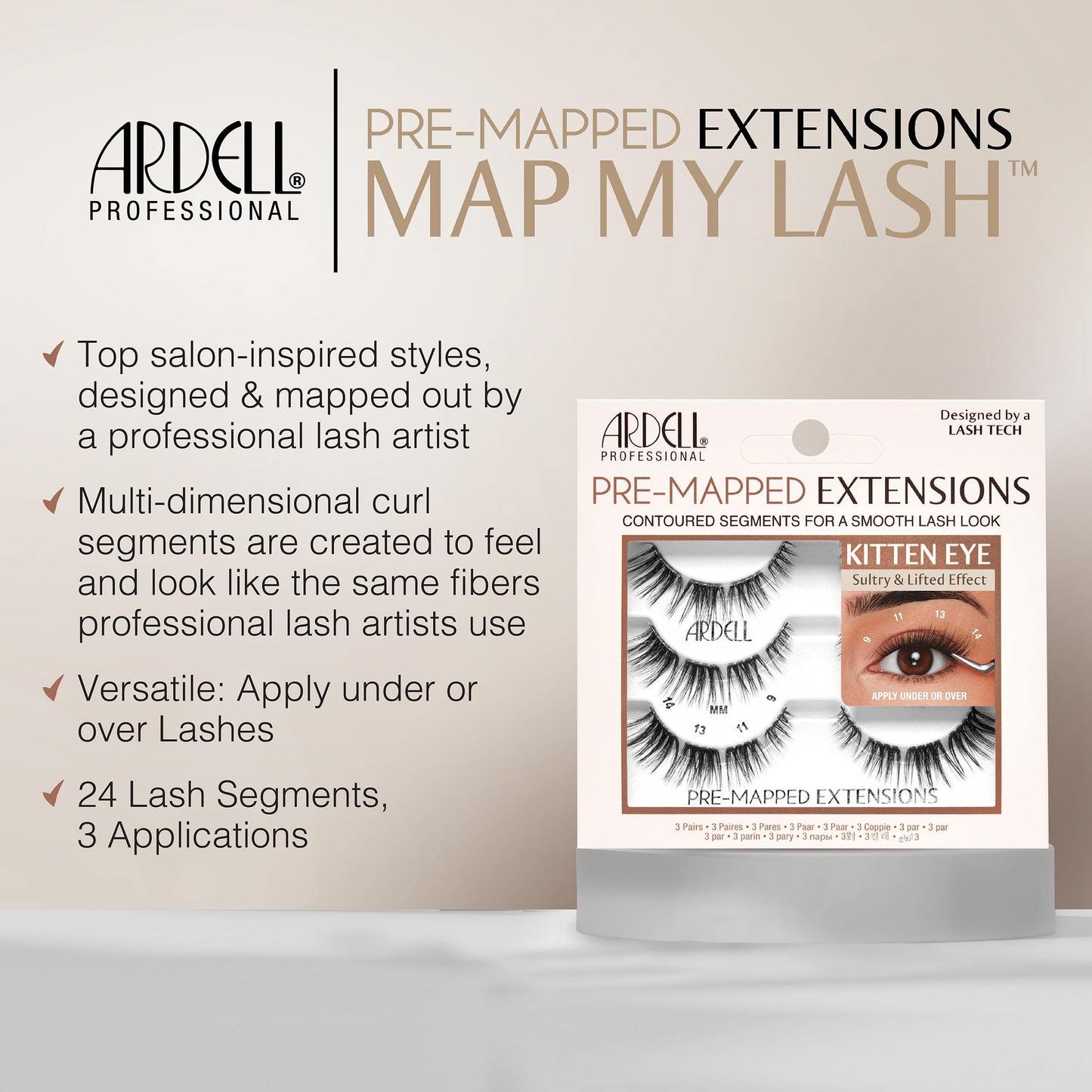 Gray Ardell Pre-Mapped Eyelash Extensions - False Lashes Kitten Eye, Reusable Segmented Lash Strips, Natural-Looking Lash Extensions, 3 Pack