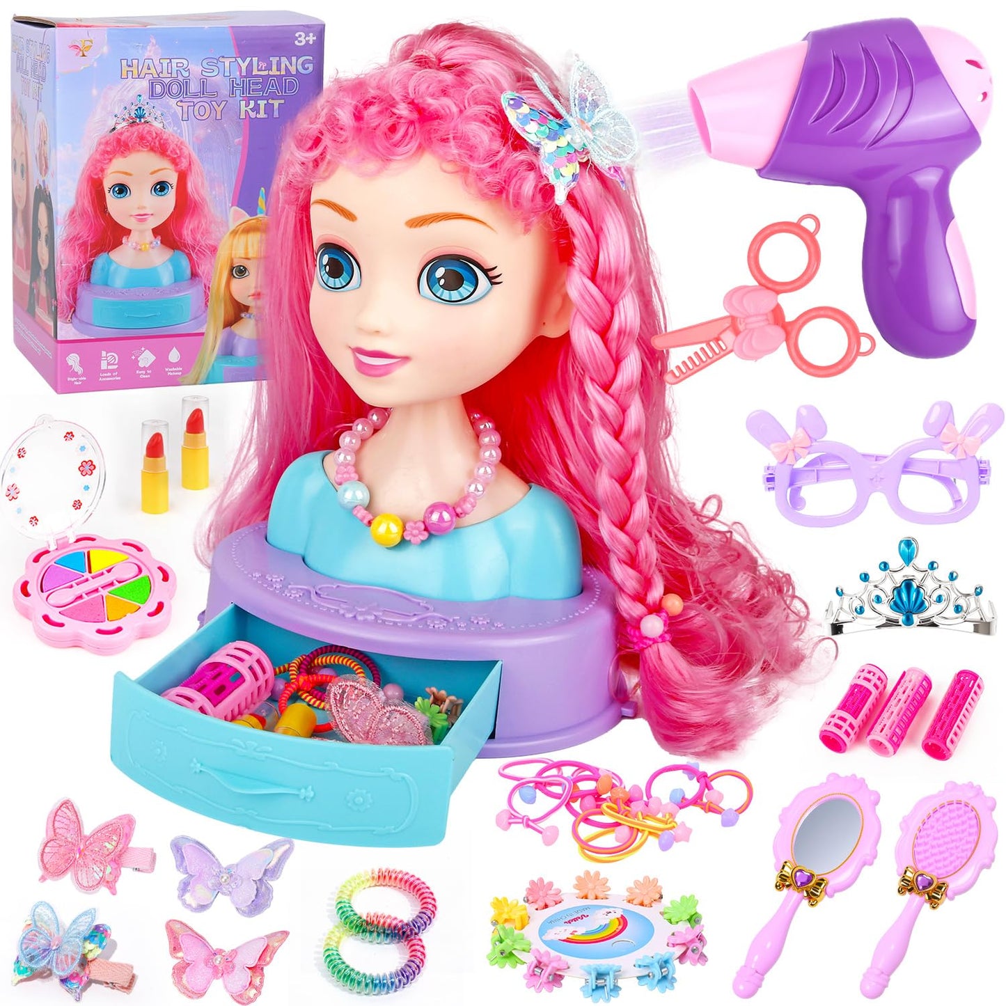 White Smoke Kryonixty 4-in-1 Doll Head for Hair Styling Kids-9Inch,41pcs Hair Salon Toys Makeup Kit Princess Accessories Pretend Play Toys Birthday Gifts for 3-8 Year Old Girls