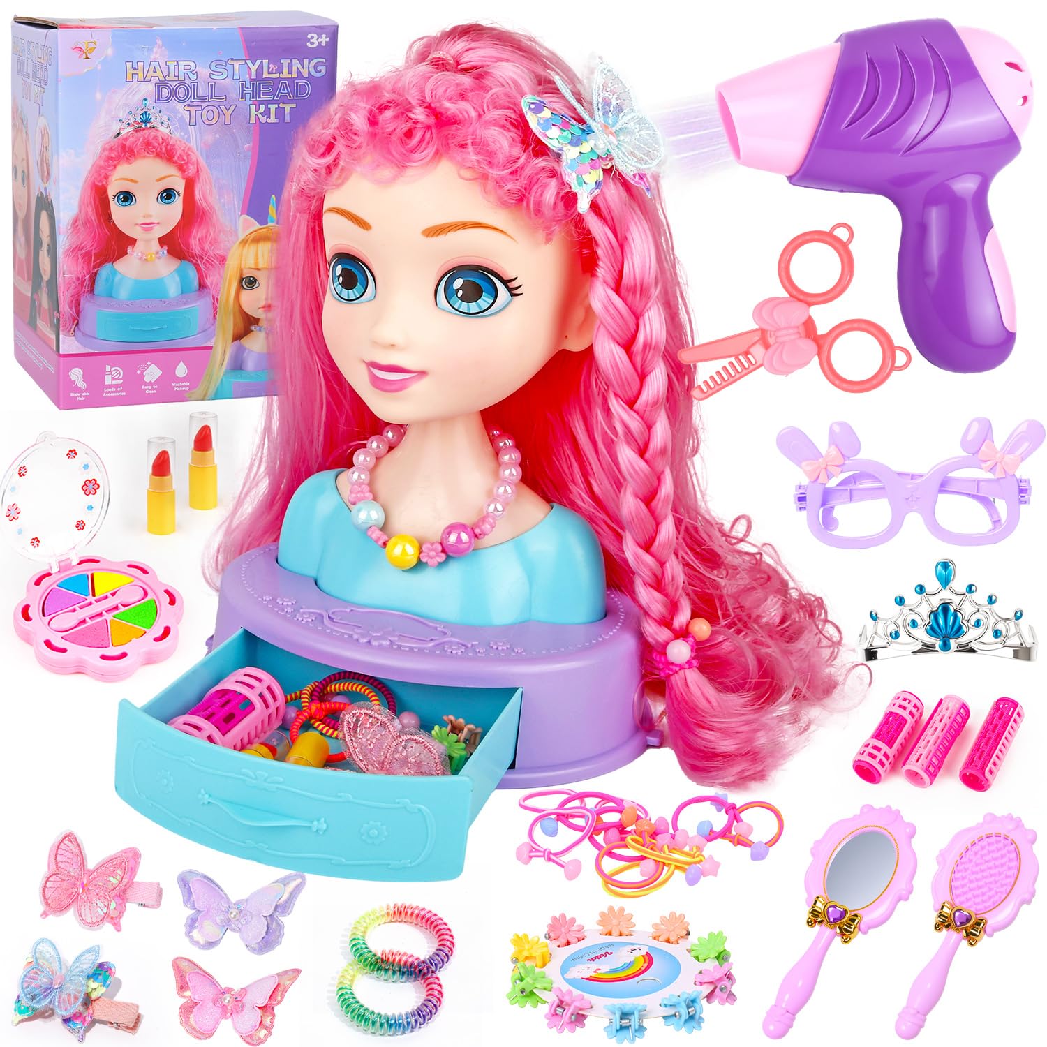 White Smoke Kryonixty 4-in-1 Doll Head for Hair Styling Kids-9Inch,41pcs Hair Salon Toys Makeup Kit Princess Accessories Pretend Play Toys Birthday Gifts for 3-8 Year Old Girls