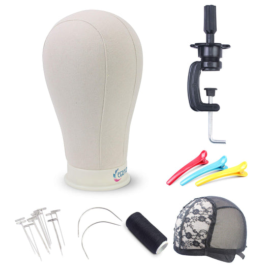 White Smoke Eerya 21-24 Inch Canvas Block Head Set for Wig Display Making Hair Weave and Styling Mannequin Head with Mount Hole C Stand, Styling Hair Clips, T Needle, C Needles, Thread, Lace Wig Caps (22 Inch)