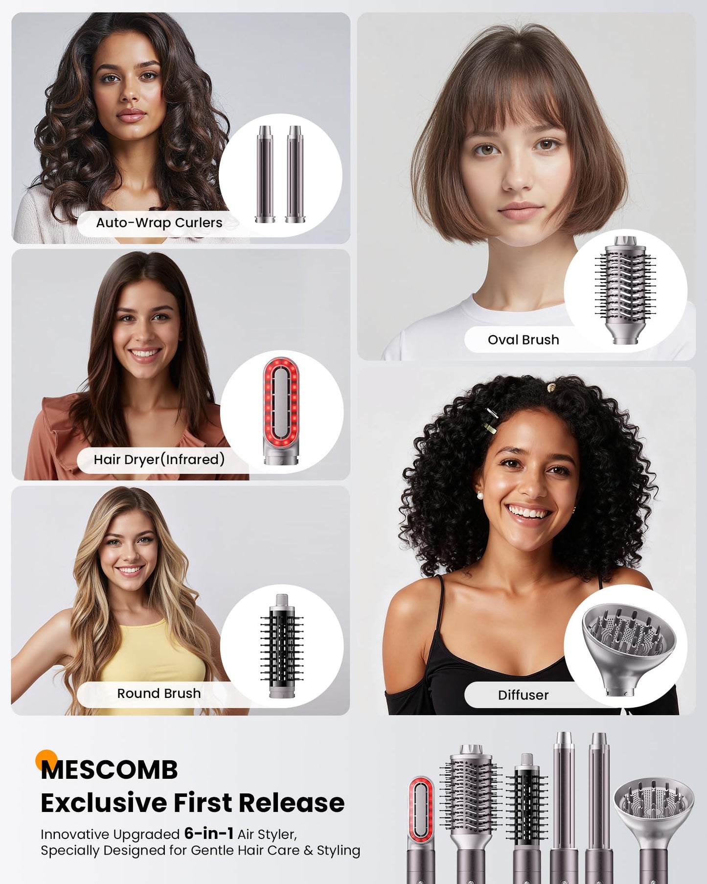 Light Gray MESCOMB Infrared 6 in 1 Hot Air Styler Wrap - Dual Voltage Hair Dryer| Fast Drying & No Heat Damage, Professional Multi-Styler for Curling, Volumizing & Smooth Straightening (110V-240V)