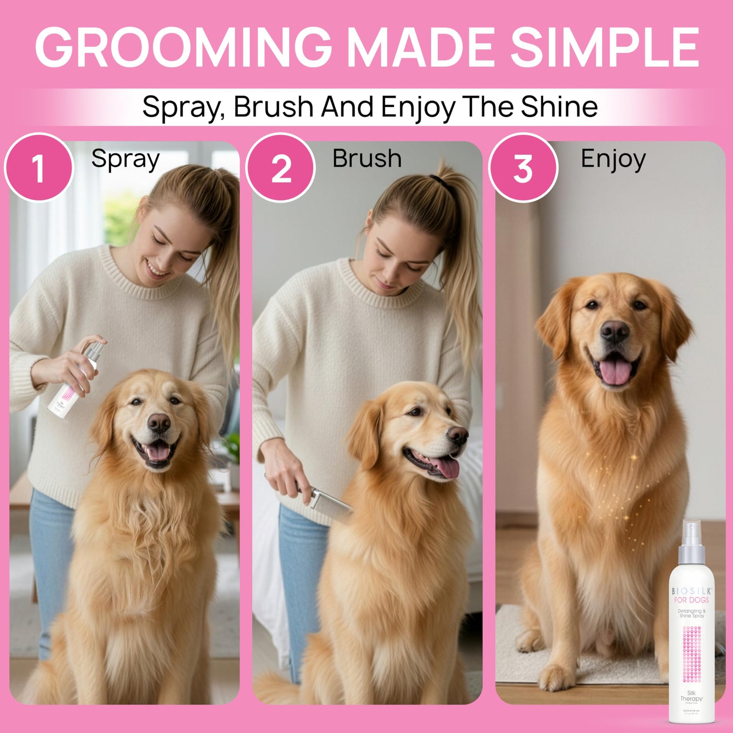 Pink BioSilk for Dogs Silk Therapy Detangling Plus Shine Protecting Mist for Dogs