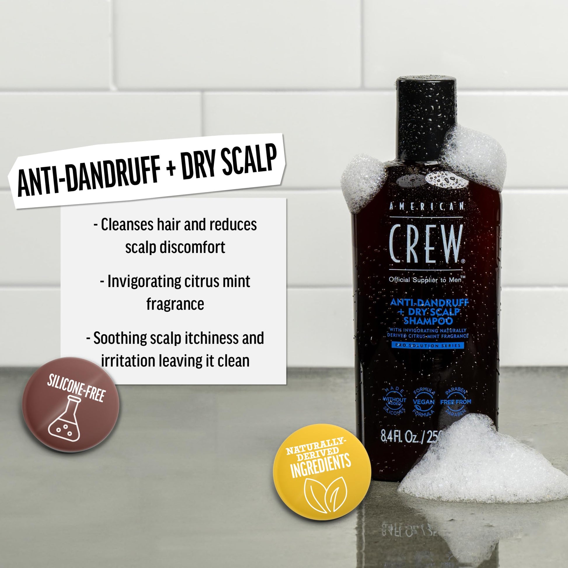 Light Gray American Crew Anti-Dandruff + Dry Scalp Shampoo for Men, Citrus Mint Scent, 8.4 fl oz