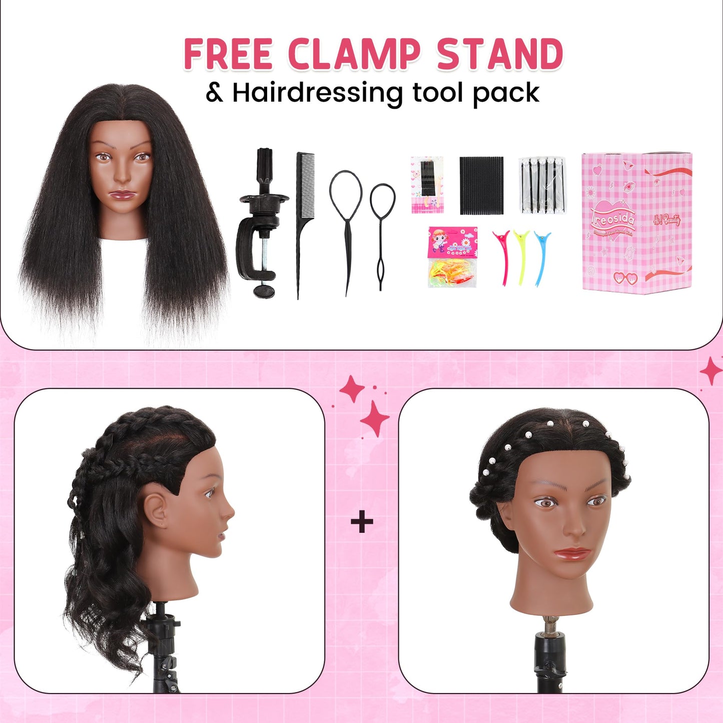White Smoke Mannequin Head 100% Real Human Hair Training Doll Head for Braiding Styling Cosmetology Practice with Clamp Stand (18 Inch)