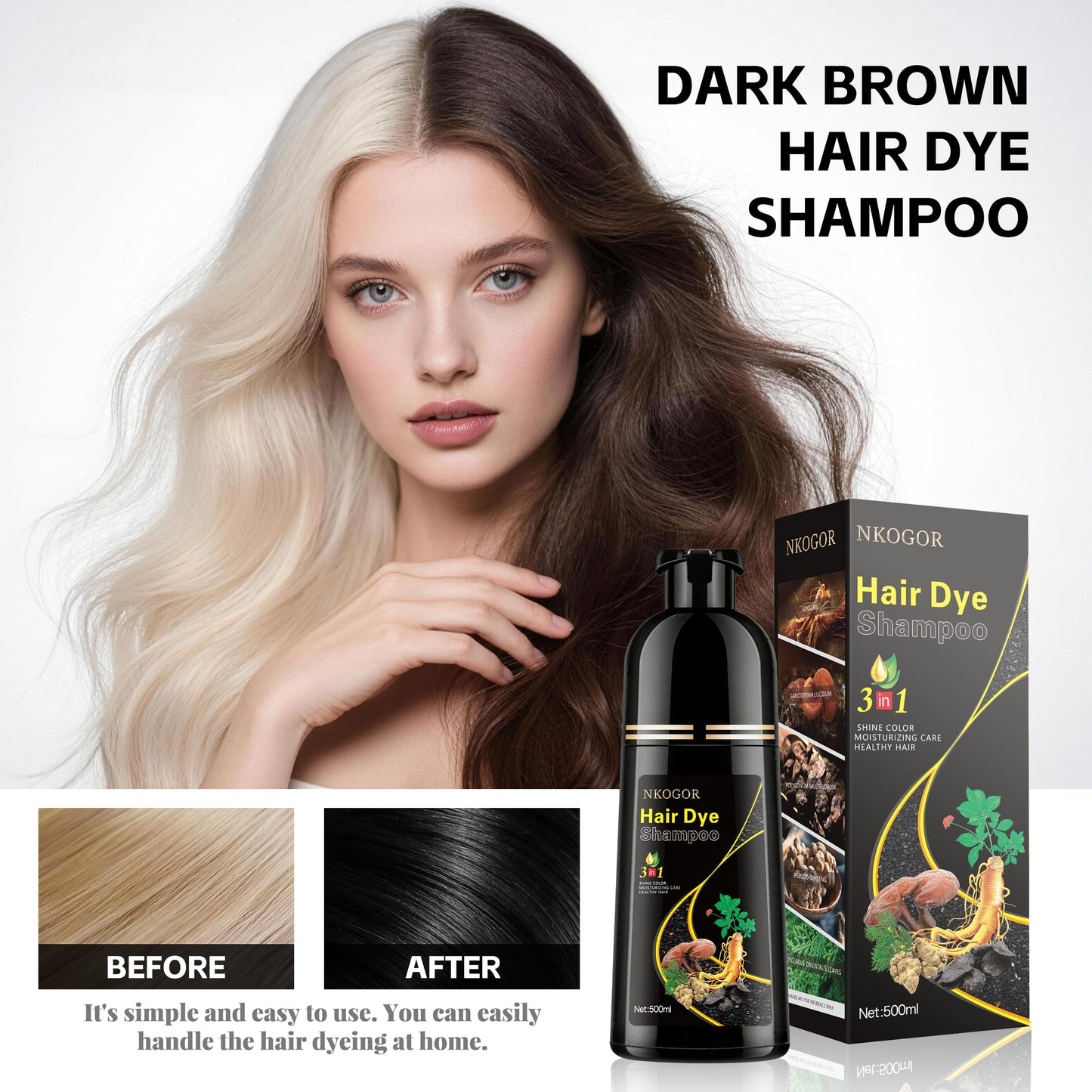 White Smoke NKOGOR Hair Dye Shampoo 3 in 1 Grey Coverage, Hair Dye Semi-Permanent Hair Color Shampoo for Women Men, Hair Color Herbal Ingredients Natural, Argan Oil, Olive Oil and Turmeric (Dark Brown)