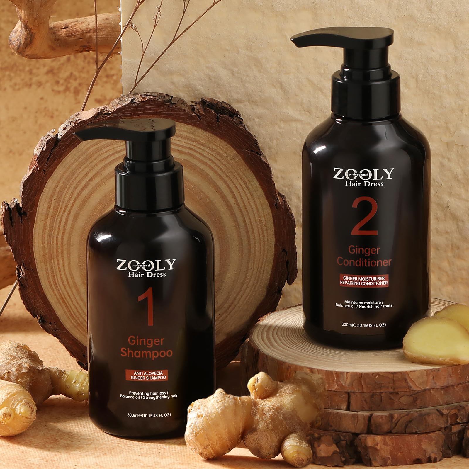 Tan ZOOLY PROFESSIONAL Ginger Shampoo and Conditioner Sets 20.3 Fl Oz- Anti Hair Loss and Nourishes Hair Roots, Salon Level Scalp Care for Men and Women