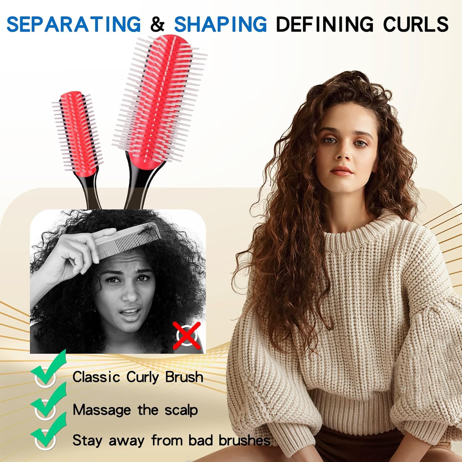 White Smoke Hair Brush for Women Men Curly Wet or Dry Hair Classic Detangling Brushes 7 Row for Natural Thick Hair, Blow Styling Separating, Shaping Defining Curls Tools Travel Bristle Black Hairbrush