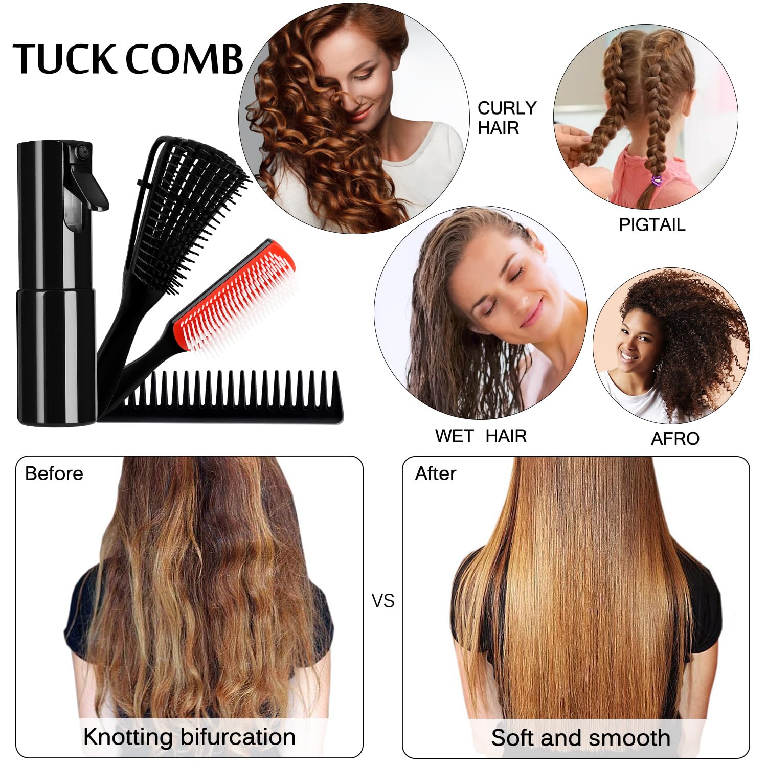 White Smoke 4pcs Curly Hair Brush Set for Adult & Kids, Wet or Dry, Detangling with Spray Bottle, Wide Tooth Comb (3+1, Red)