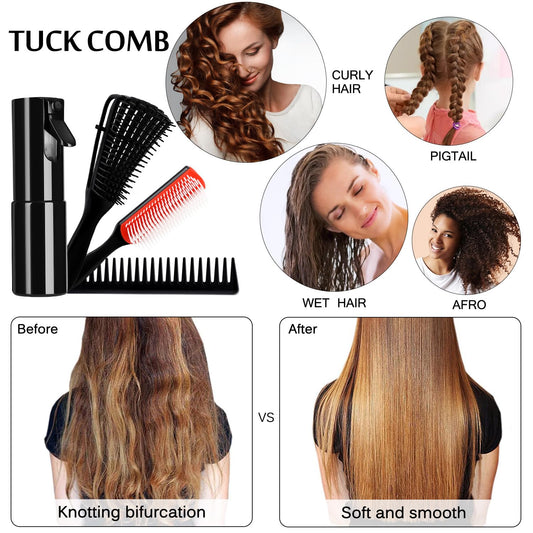 White Smoke 4pcs Curly Hair Brush Set for Adult & Kids, Wet or Dry, Detangling with Spray Bottle, Wide Tooth Comb (3+1, Red)