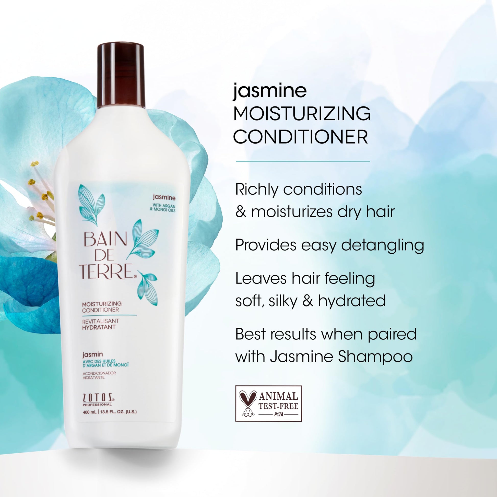 White Smoke Bain de Terre Jasmine Moisturizing Conditioner, Rich Hydration for Dry Hair, with Argan & Monoi Oils, Paraben-Free, Color-Safe, Vegan, 13.5 Fl Oz
