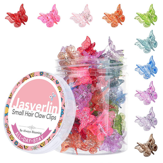 White Smoke JASVERLIN Glitter Mini Butterfly Hair Claw Clips, Sparkly Colorful Hair Accessories for Girls and Women - 90s Y2K Cute, Small, Tiny Clip in 10 Assorted Colors, Set of 50 (Glitter)