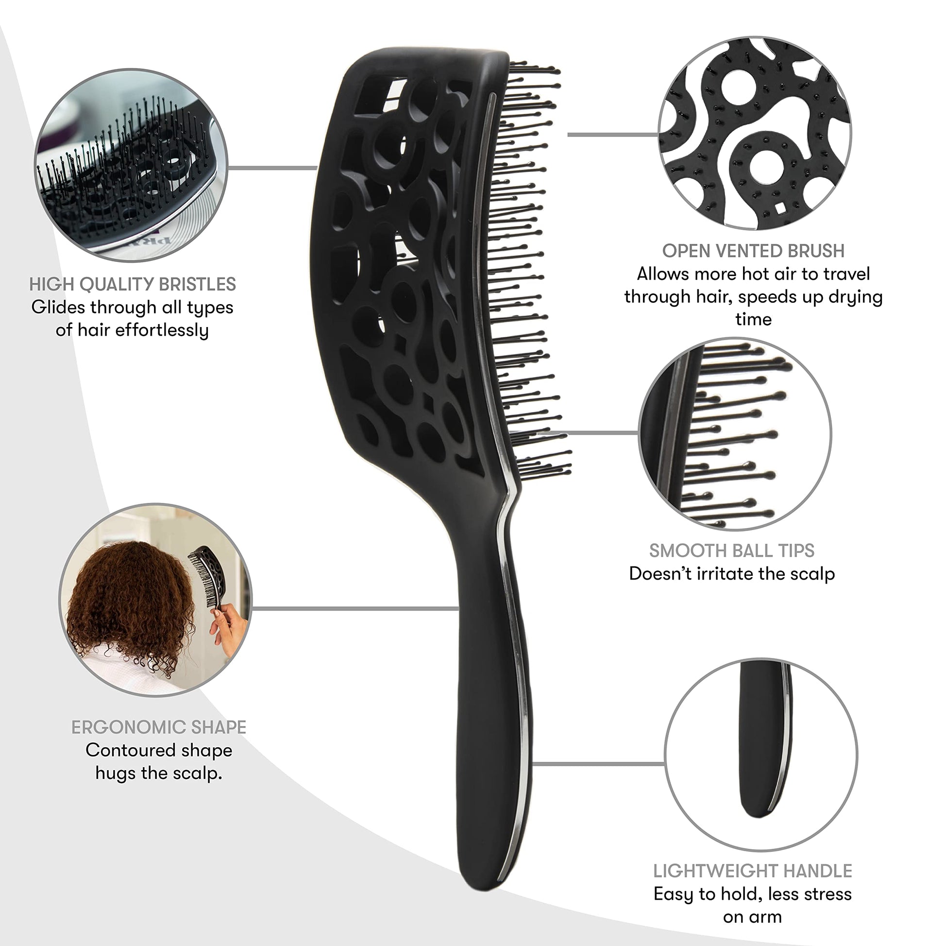 White Smoke FRAMAR Professional Vented Hair Brush – Curved Hair Brush For Blow Drying, Wet Paddle Brush For Hair, Vent Brush For Blow Drying, Wet Hairbrush For Women – Heat Resistant - Black