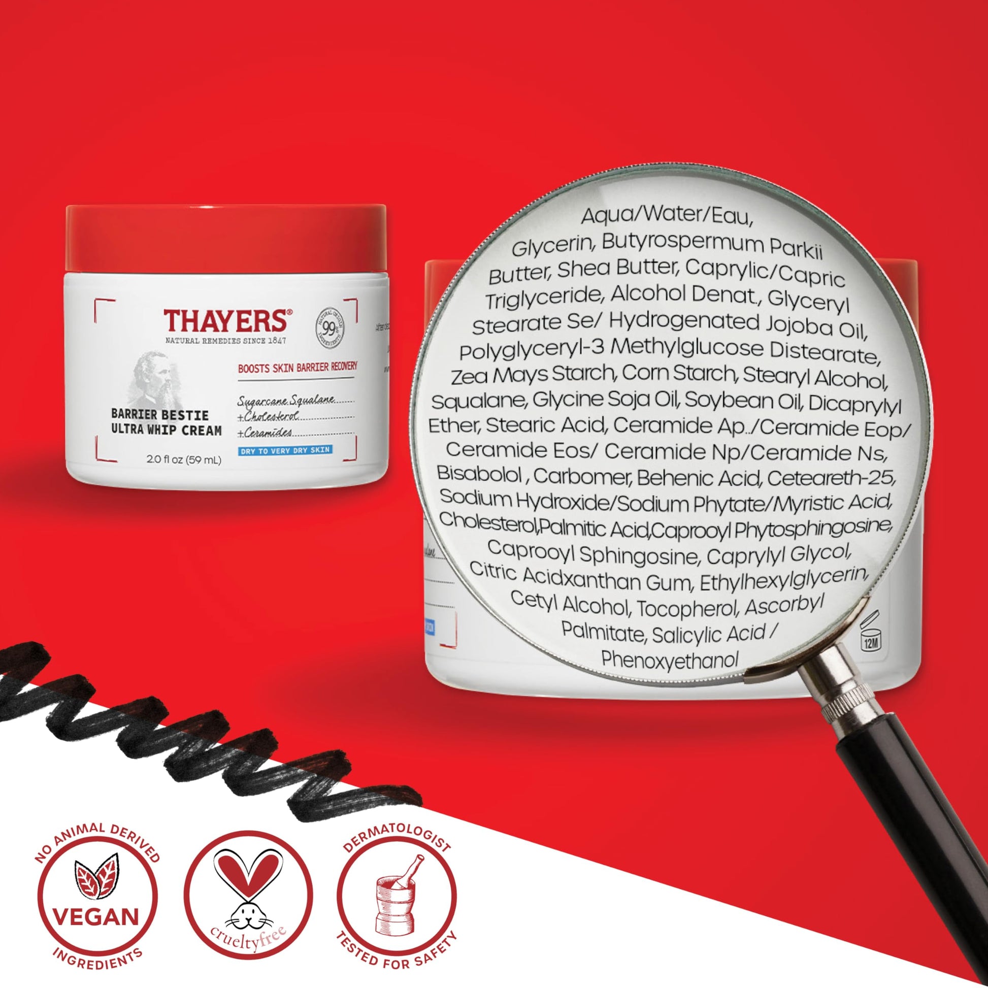 Gray THAYERS Barrier Bestie Ultra Whip Face Cream, Moisturizer with Sugarcane Squalane and Ceramides, Skin Care for Dry to Very Dry Skin, 2.0 Oz