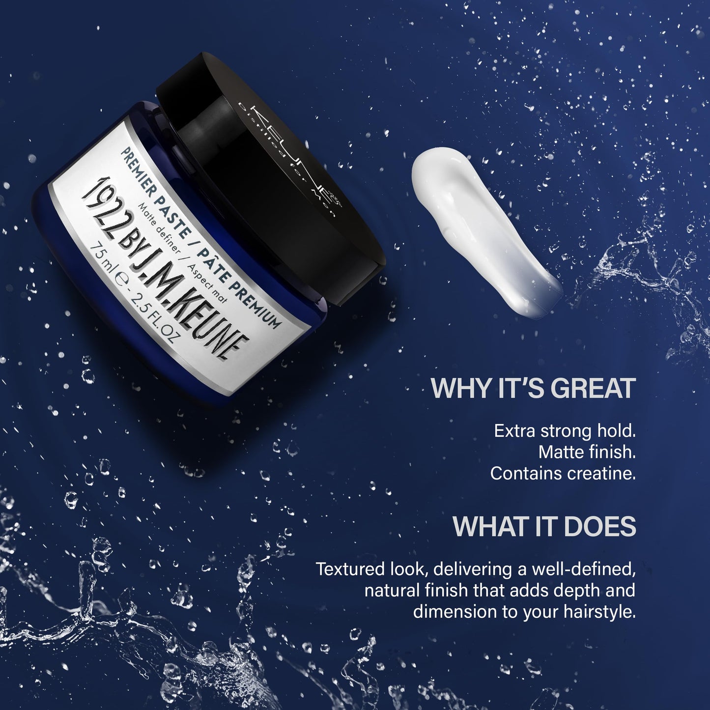Midnight Blue 1922 by J.M. Keune Premier Paste, Extra Strong Hold & Matte Finish Styling Paste for Men, 2.5 Fl Oz