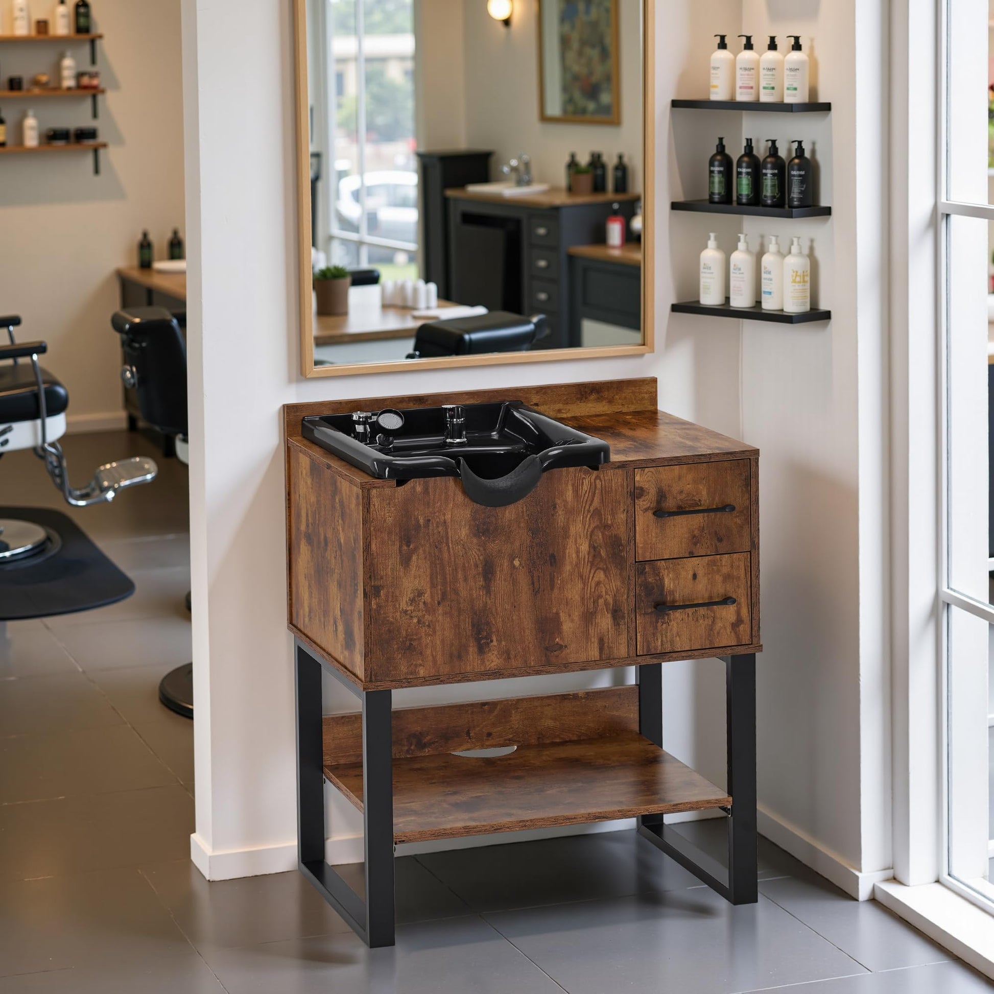 Light Gray BarberPub Shampoo Cabinet with Sink, Modern Salon Backwash Station with Bowl, Neck Rest, 2 Drawers, Storage Shelf,Hot & Cold Control 7135 (Rustic Brown)