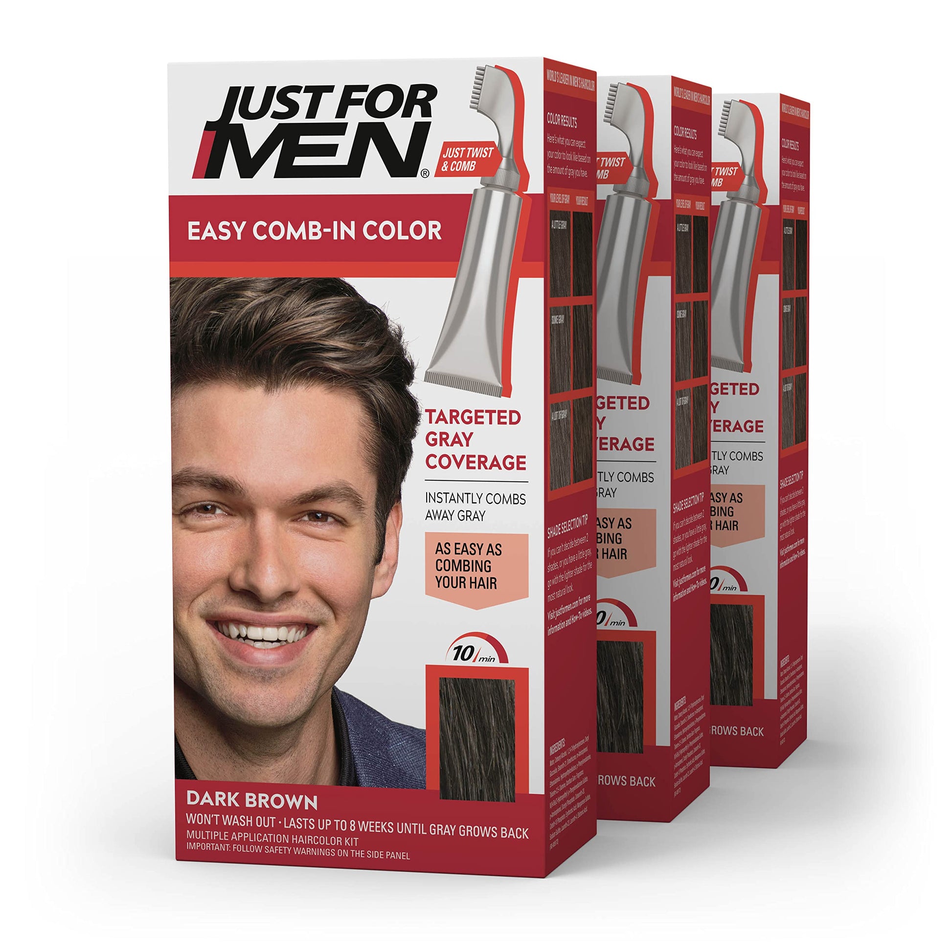 White Smoke Just For Men Easy Comb-In Color Mens Hair Dye, Easy No Mix Application with Comb Applicator - Dark Brown, A-45, Pack of 3