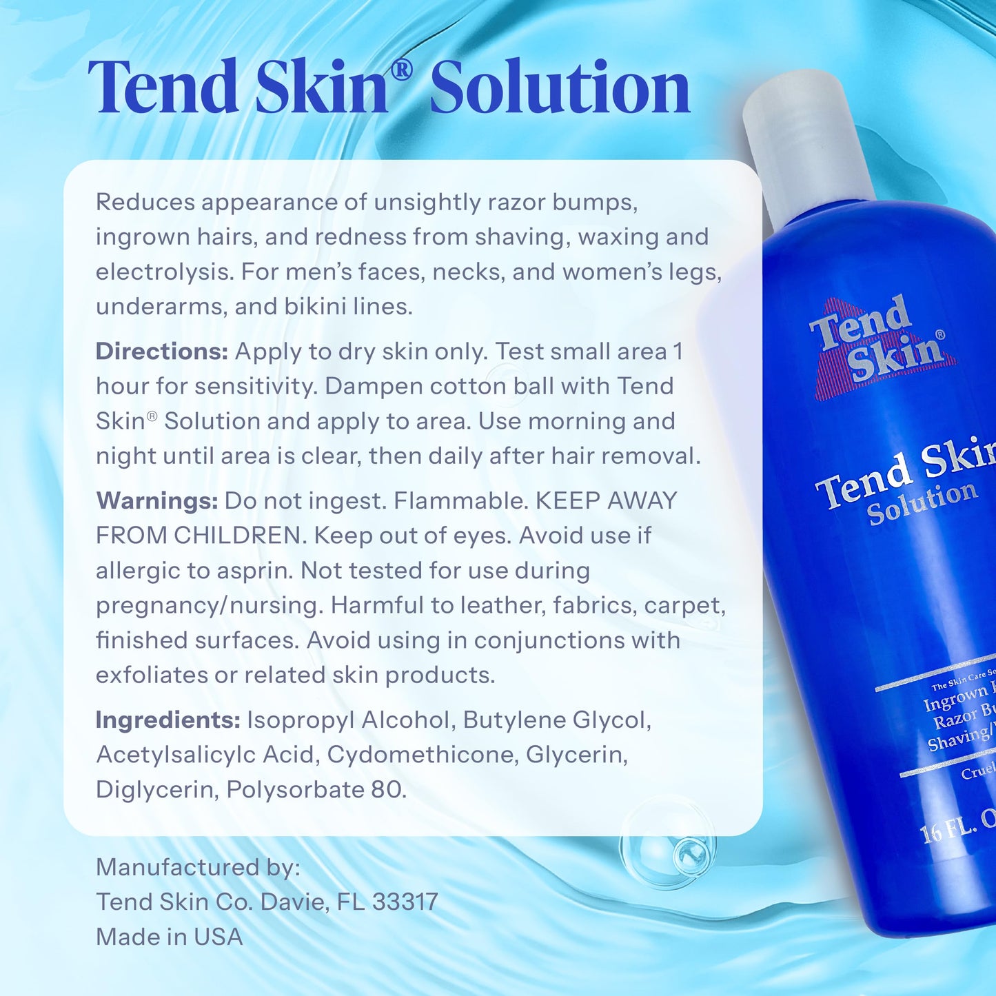 Alice Blue Tend Skin Solution for Unsightly Razor Bumps, Ingrown Hair and Razor Burns, Post Shaving and Waxing Toner for Men and Women, Made in USA, 16 Oz