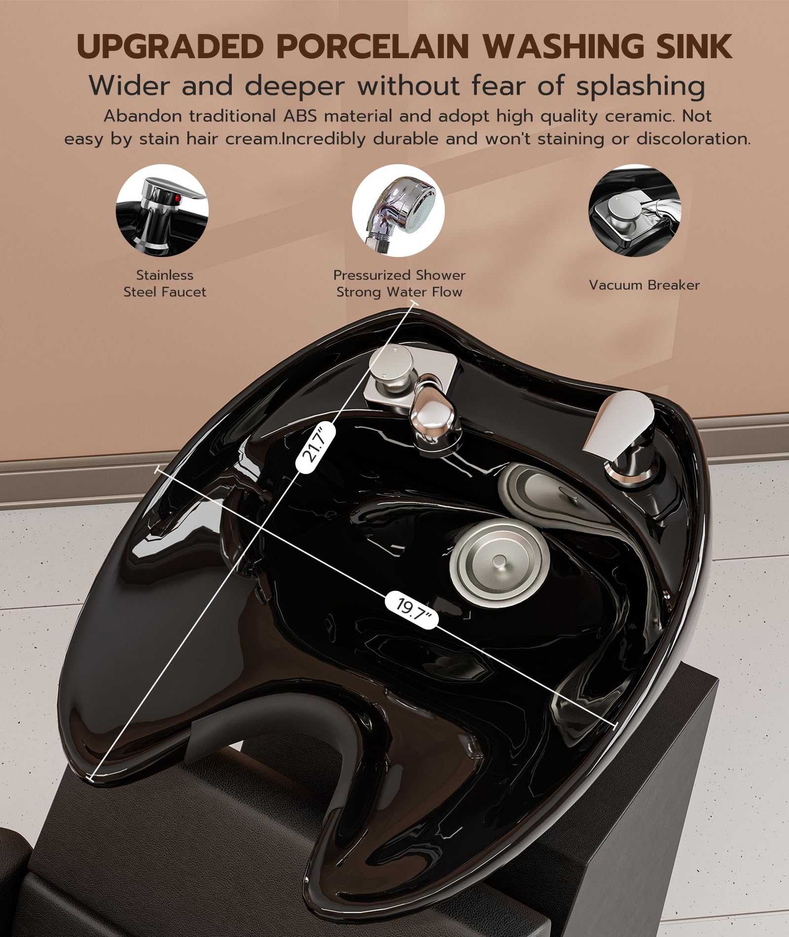 Rosy Brown Icoget Shampoo Bowl and Chair Set for Salon, Deep Porcelain Tilting Salon Sinks for Hair Stylist, Backwash Shampoo Stations for Barber,Home, Black