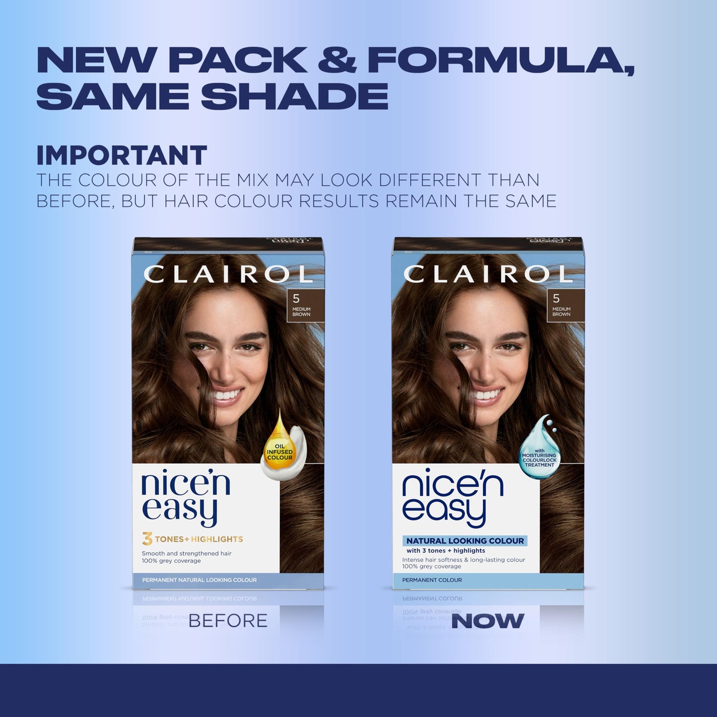 Powder Blue Clairol Nice'n Easy Permanent Hair Dye, 5 Medium Brown Hair Color, Pack of 1 - Packaging May Vary